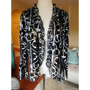 Gorgeous CHICO'S Velvet Burnout Ruffle Trim Rayon/Silk Jacket Silver Metallic SM